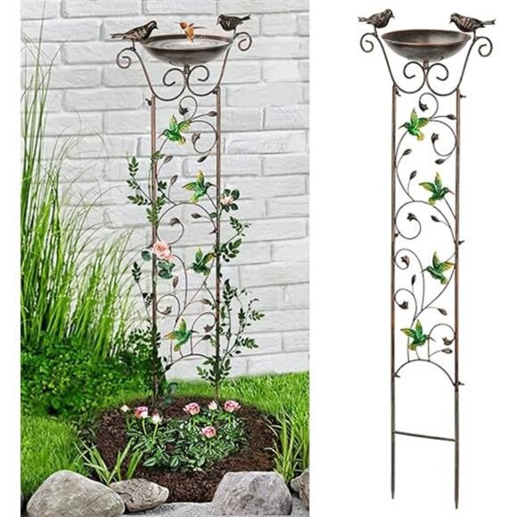 Garden Trellis Bird Bath Outdoor, 40Inch Antique Iron Garden Plant Trellis Decor - Picture 7 of 7